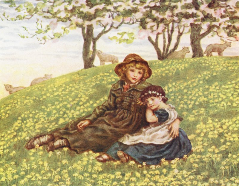 Bror og søster (farvelitografi) af Kate (after) Greenaway