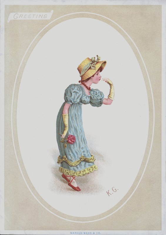 Pige i blå kjole, med stråhjelm, holder rose (farve litho) af Kate (after) Greenaway