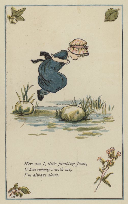 Her er jeg, lille hoppende Joan (farve litho) af Kate (after) Greenaway
