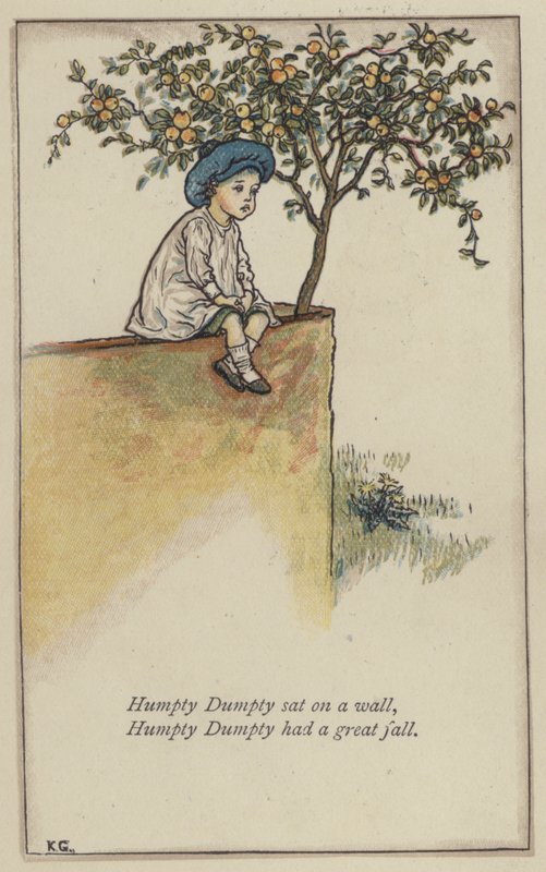 Humpty Dumpty sad på en væg (farve litho) af Kate (after) Greenaway