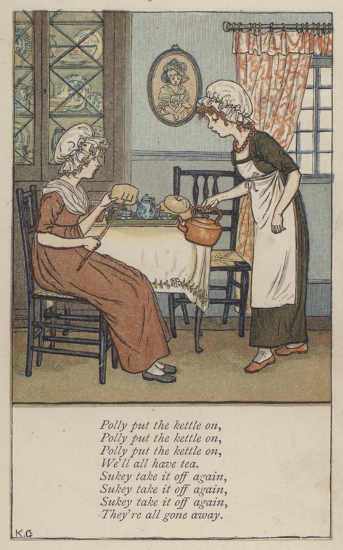 Polly satte kedlen på (farve litho) af Kate (after) Greenaway
