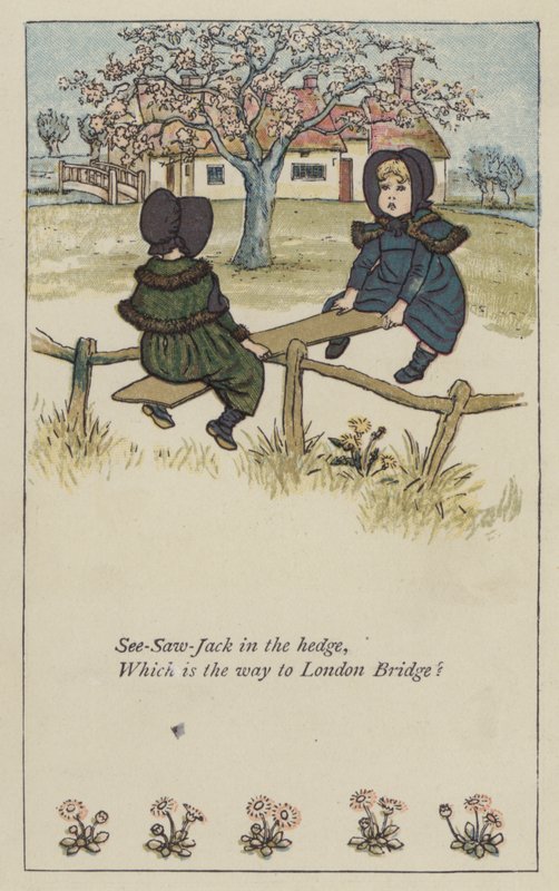 See-saw-Jack i hækken (farve litho) af Kate (after) Greenaway