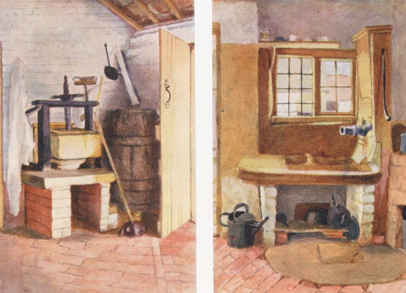 Køkkenpumpen og den gamle ostepresse, Rolleston (farvelitografi) af Kate (after) Greenaway