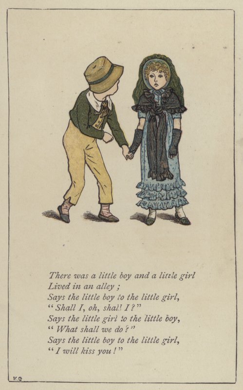 Der var en lille dreng og en lille pige (farve litho) af Kate (after) Greenaway