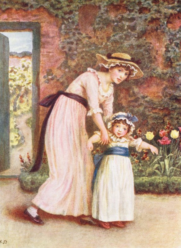 To piger i en have (farvelitografi) af Kate (after) Greenaway