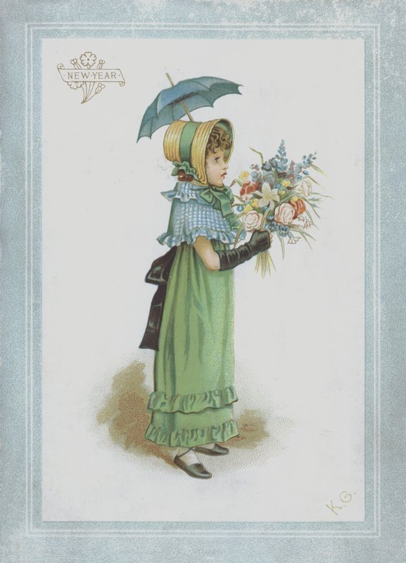 Pige i grøn kjole, holder parasol og en buket blomster af Kate Greenaway
