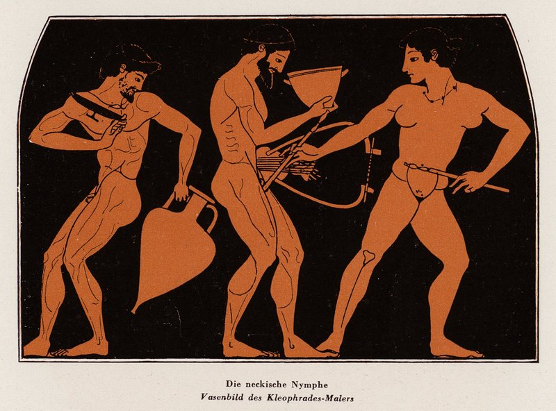 Drillende nymfe (farve litho) af Kleophrades Painter (fl.500 475 BC)