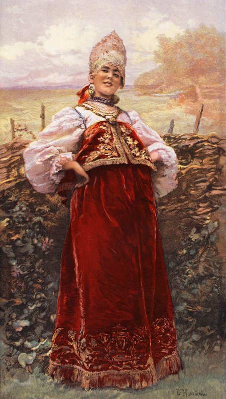 En russisk jomfru (farvelitografi) af Konstantin E Makovskij