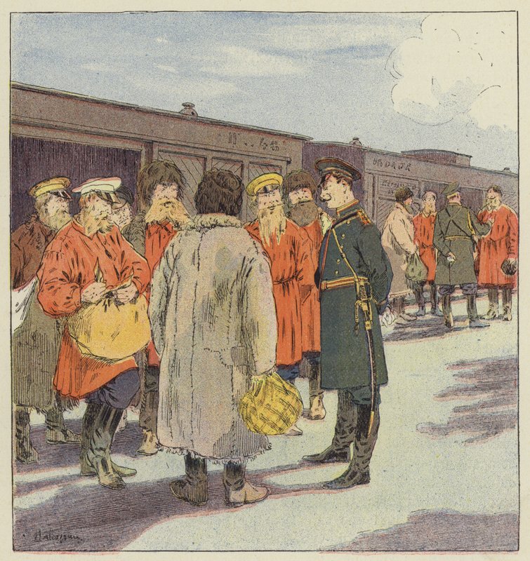 Stop for et tog, der transporterer reservister i Manchuriet af L. Malespine