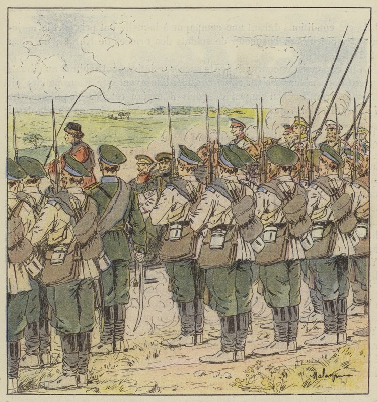 Russiske tropper hylder en generalofficers passage af L. Malespine