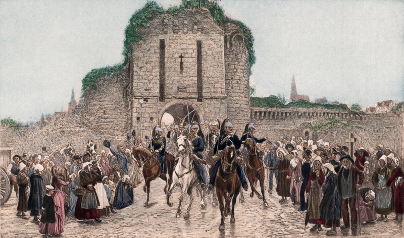 Kavaleri forlader en bretonsk by (fotogravure i farve) af Lady  Butler