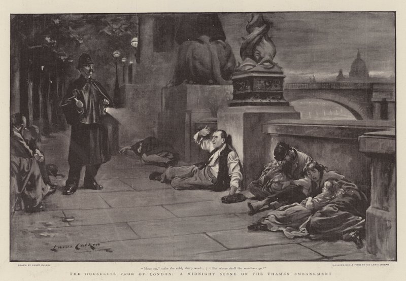 The Houseless Poor of London, en midnatsscene på Themsen Embankment af Lance Calkin
