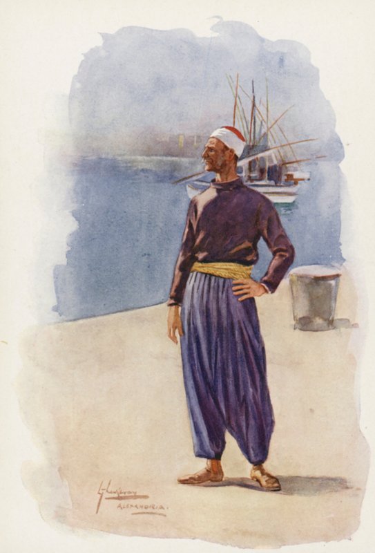 Folk i Egypten: Alexandrinske bådsmænd, Marakbi (farvelitografi) af Lance Thackeray
