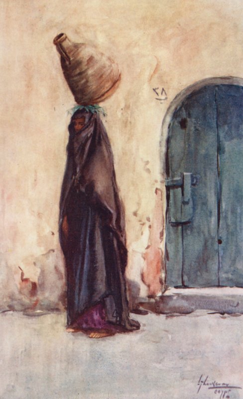 Folk i Egypten: Indfødt kvinde bærer vandkrukke, Fellaha Hamla el Belassi (farvelitografi) af Lance Thackeray