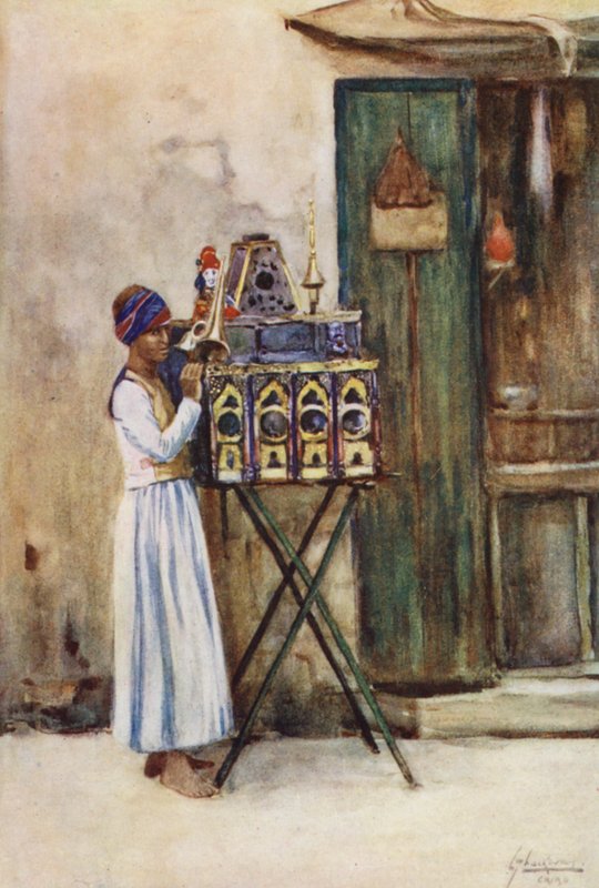 Folk i Egypten: Peep-Show Man, Beta Sanduk el Dunia (farvelitografi) af Lance Thackeray