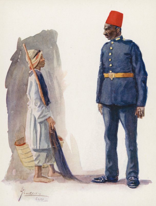 Folk i Egypten: Politimand og dreng, Ascari Balis wa waled (farvelitografi) af Lance Thackeray