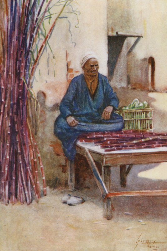 Folk i Egypten: Sukkerrørssælger, Baia Kasseb (farvelitografi) af Lance Thackeray