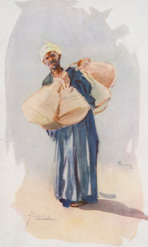Folk i Egypten: Sælger af vandkrukker, Baia Ballassi (farvelitografi) af Lance Thackeray