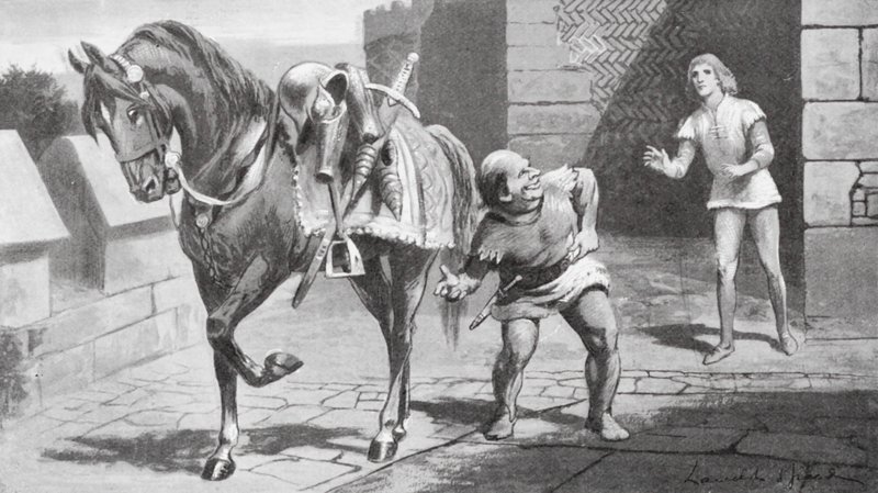 Hans mor sendte Gareth en smuk hest og en fin rustning (litografi) af Lancelot Speed