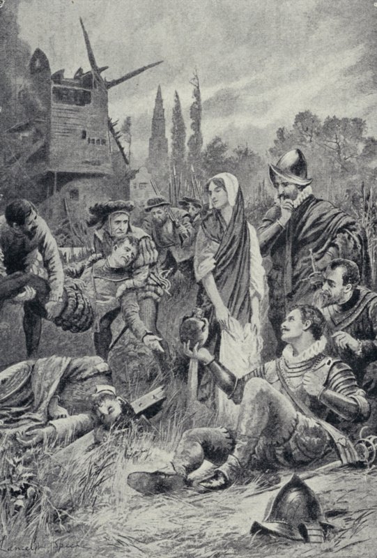Sir Philip Sidney ved slaget ved Zutphen (litho) af Lancelot Speed