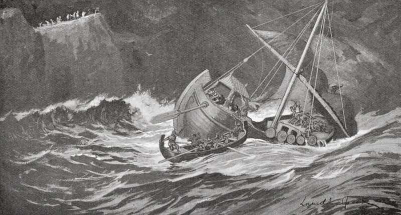 Træskibet blev fanget i en storm, og munkene kom det til undsætning i små både (litografi) af Lancelot Speed