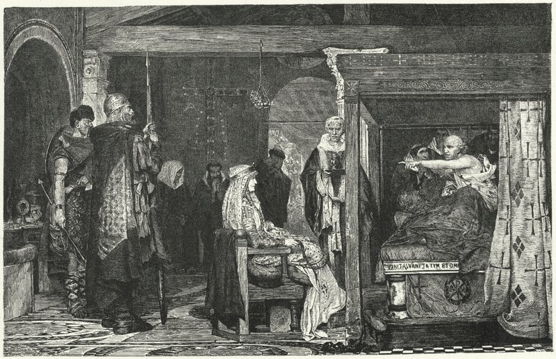 Dronning Fredegund ved biskop Praetextatus dødsleje, 586 af Lawrence Alma Tadema
