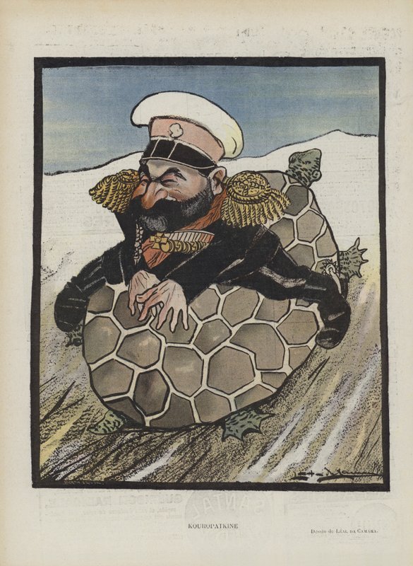 Aleksey Kuropatkin, russisk krigsminister. Illustration til Le Rire (farve litho) af Leal de Camara