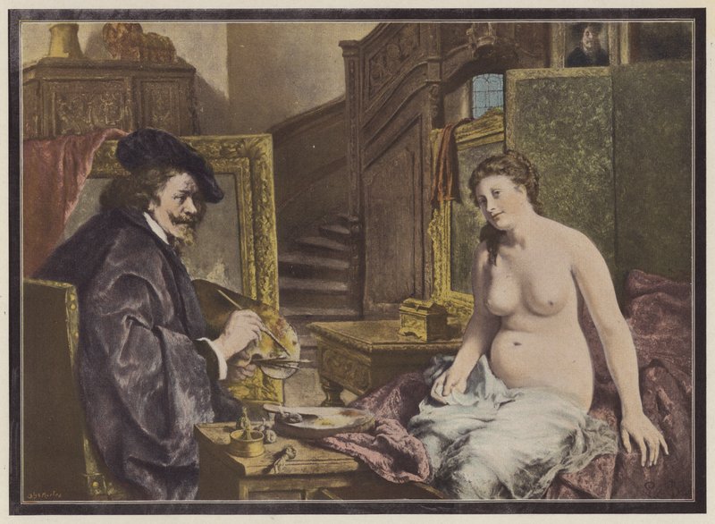 Rembrandt, hollandsk kunstner på arbejde i sit atelier (farve litho) af Leon Brunin