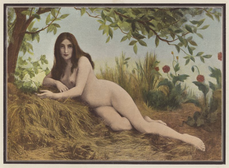 Sommer, kvinde liggende i høet (farve litho) af Leon Printemps