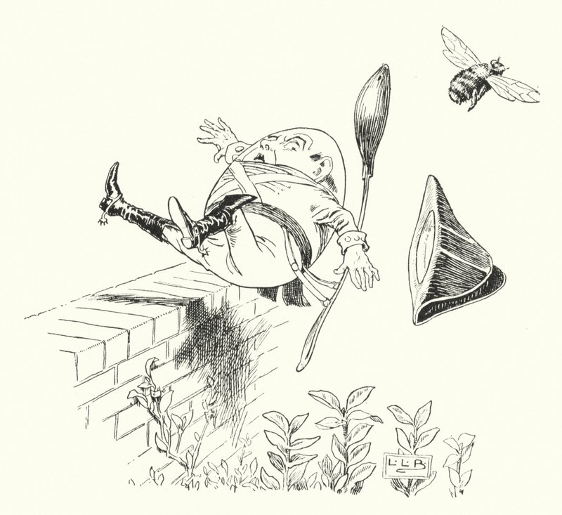 Humpty Dumpty sad på en væg (gravering) af Leonard Leslie Brooke
