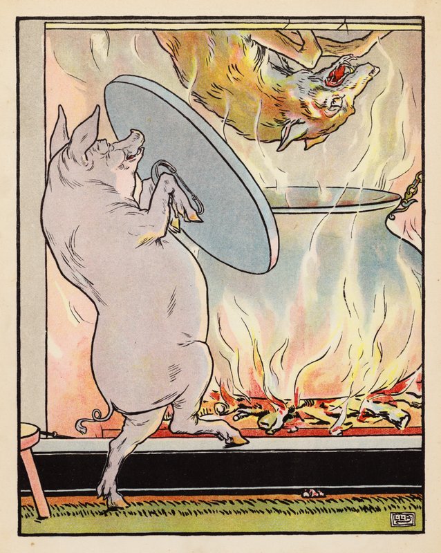 Illustration til De tre små grise (farvelitografi) af Leonard Leslie Brooke