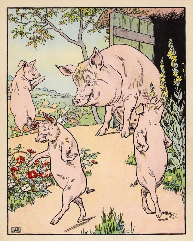 Illustration til De tre små grise (farvelitografi) af Leonard Leslie Brooke