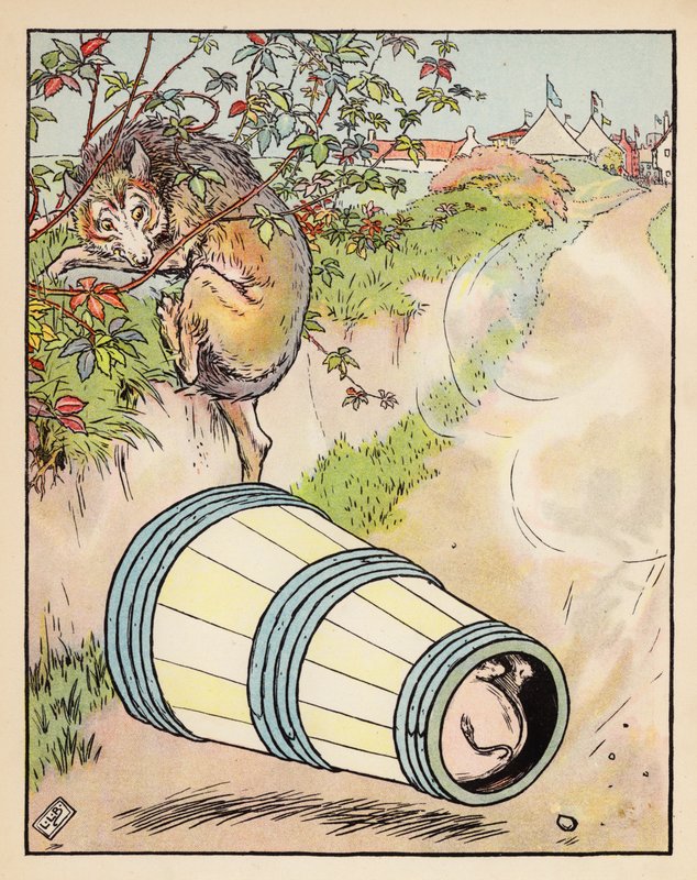 Illustration til De tre små grise (farvelitografi) af Leonard Leslie Brooke
