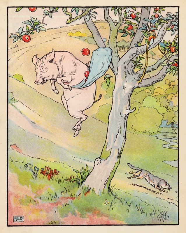 Illustration til De tre små grise (farvelitografi) af Leonard Leslie Brooke