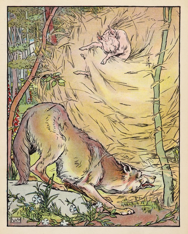 Illustration til De tre små grise (farvelitografi) af Leonard Leslie Brooke