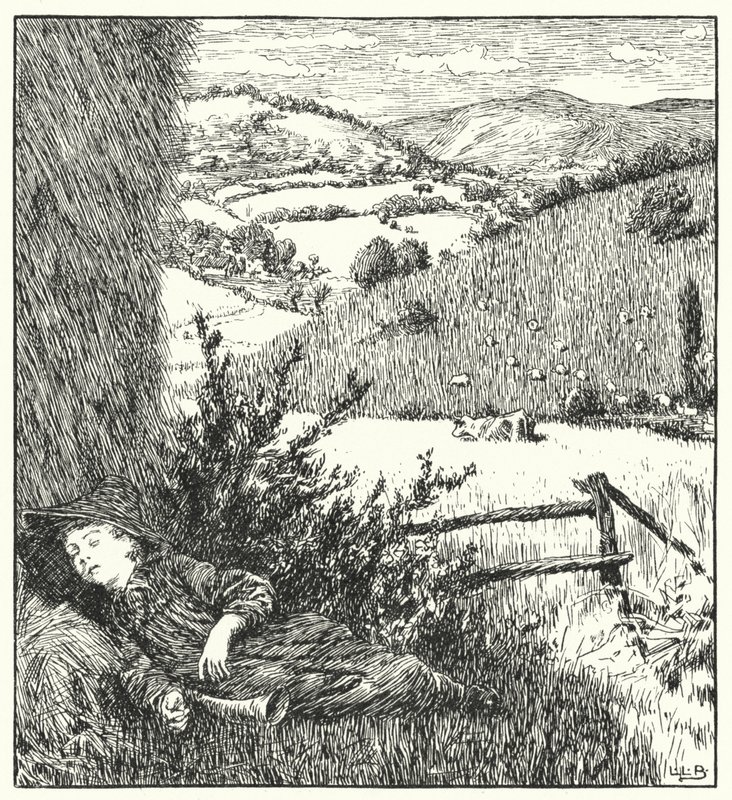 Lille dreng blå, kom, blæs dit horn op (gravering) af Leonard Leslie Brooke