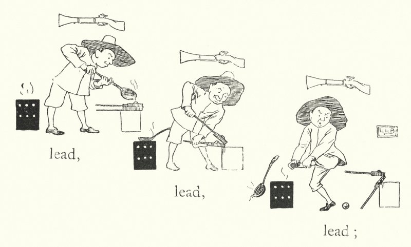 Der var en lille mand, og han havde en lille pistol, og hans kugler var lavet af bly, bly, bly (gravering) af Leonard Leslie Brooke