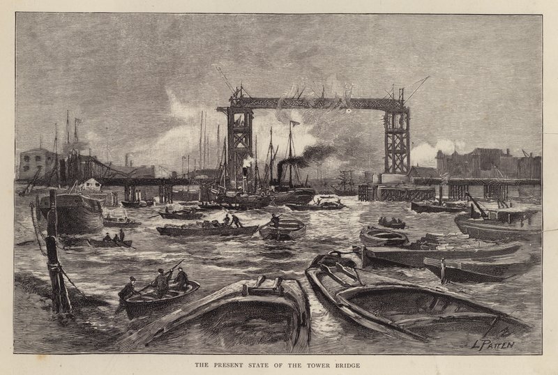 Tower Bridge under opførelse, London af Leonard Patten