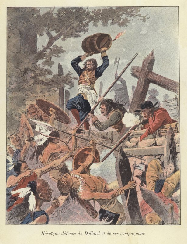 Adam Dollard og hans ledsagere kæmper mod Iroquois i slaget ved Long Sault, Canada, 1660 af Louis Charles Bombled