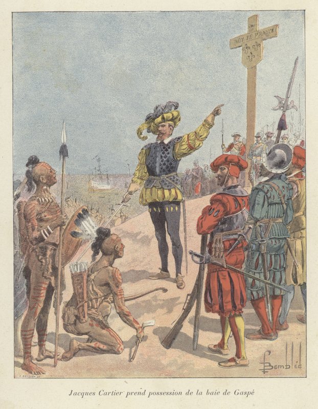 Jacques Cartier hævder fransk besiddelse af Gaspe Bay, Canada, 1534 af Louis Charles Bombled
