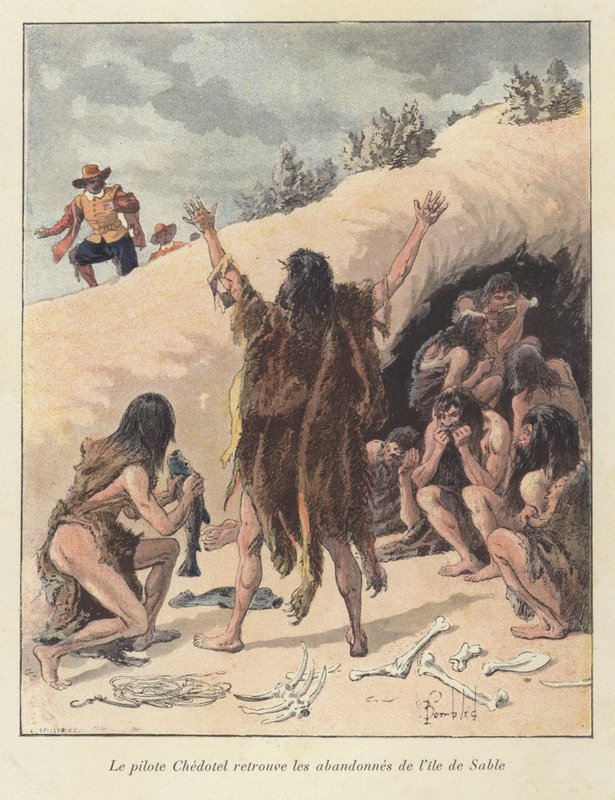 Piloten Chedotel finder de overlevende medlemmer af den franske koloni på Ile de Sable, Canada, c1600 af Louis Charles Bombled