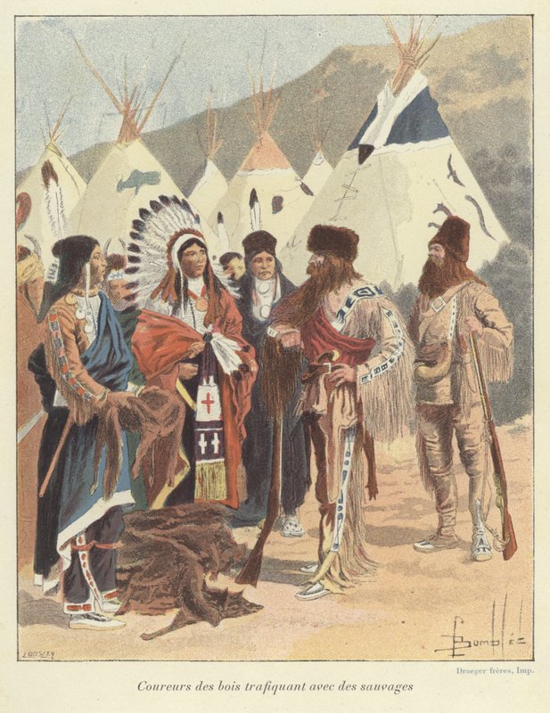 Trappere, der handler med indianere, New France af Louis Charles Bombled