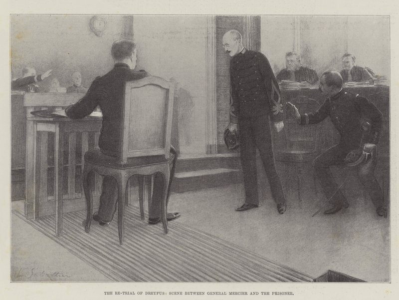 Genforhøret af Dreyfus, scene mellem general Mercier og fangen af Louis Remy Sabattier