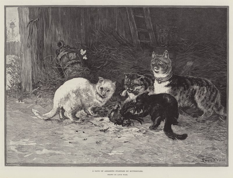 En bande snigmordere forskrækket af sommerfugle af Louis Wain