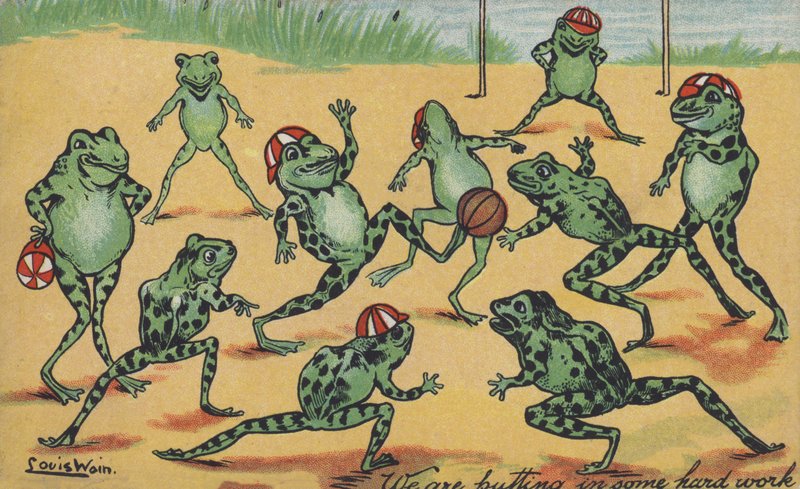 Frøer spiller fodbold af Louis Wain