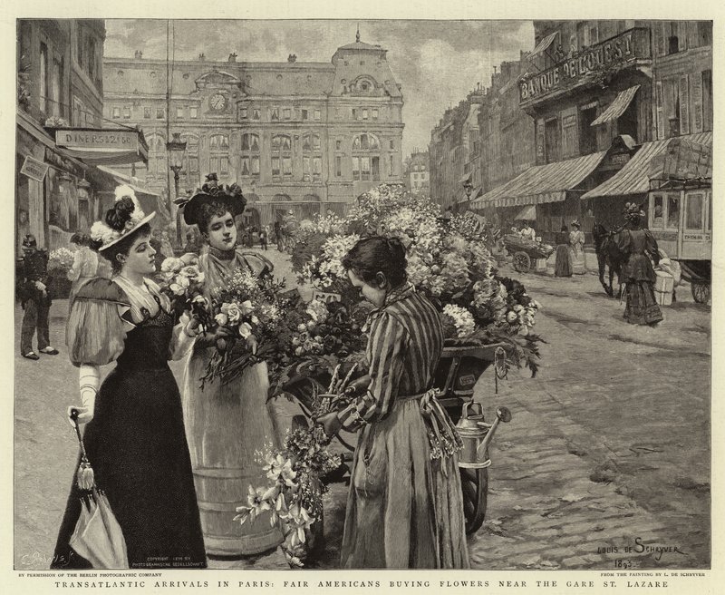 Transatlantiske ankomster i Paris, Fair Americans køber blomster nær Gare St Lazare af Louis de Schryver