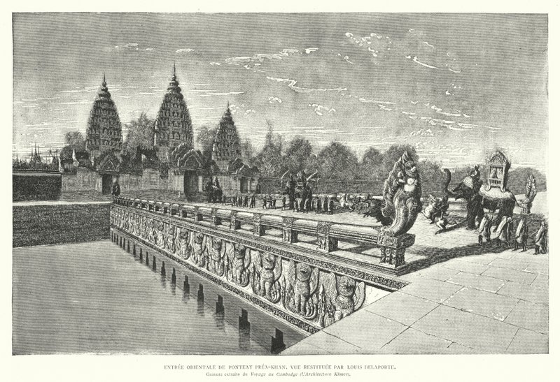 Østlig indgang til Khmer-templet i Preah Khan, Angkor, Cambodja (gravering) af Louis (after) Delaporte