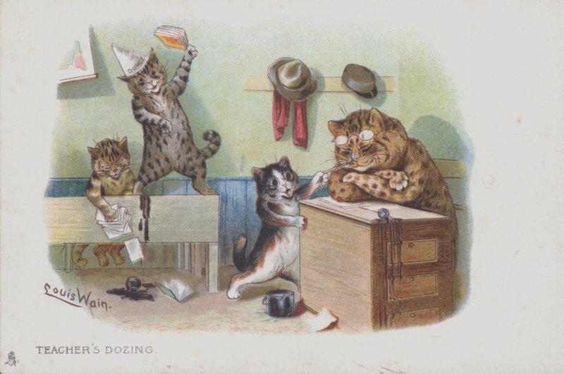 Katte i et klasseværelse: læreren døser, og eleverne opfører sig forkert (chromolitho) af Louis (after) Wain