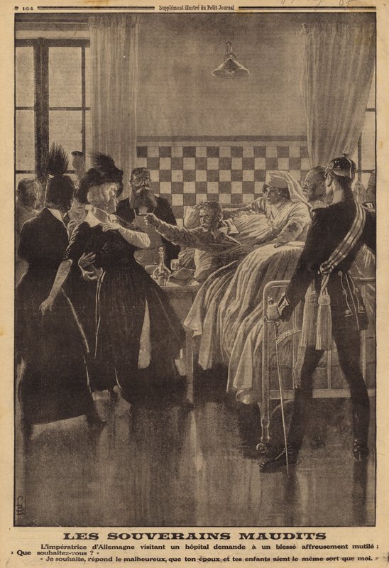 Vred reaktion fra en såret soldat på hospitalet på et besøg fra kejserinde Augusta Victoria, Første Verdenskrig af Louis Charles (after) Bombled