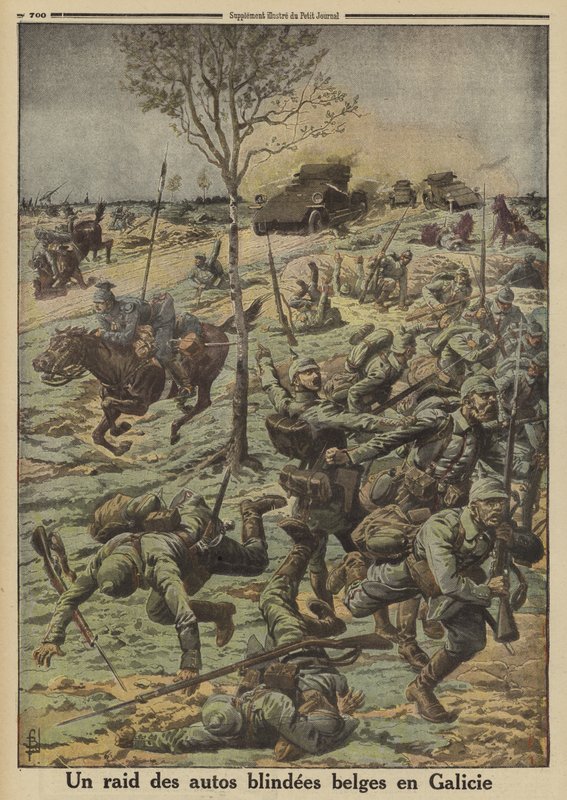 Belgiske panservogne i tjeneste for general Brusilovs russiske hær angriber tyske tropper i Galicien, Første Verdenskrig af Louis Charles (after) Bombled